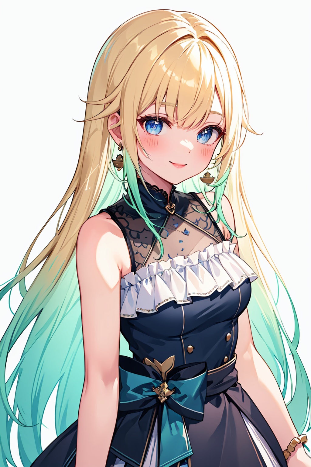 masterpiece,best quality, highly detailed, aizawa ema,1girl,solo,looking at viewer,smile,earrings,bare shoulders,blush,virtual youtuber<lora:aizawa_ema:1>,simple background,white background