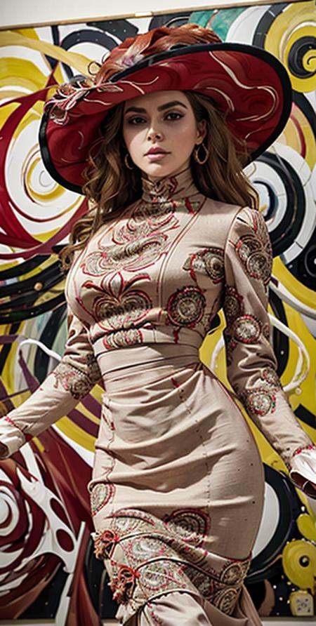 cowboy shot of a tall,  extremely beautiful woman wearing a tight-fitting,  intrictae high-neck wool and silk dress on Ten...