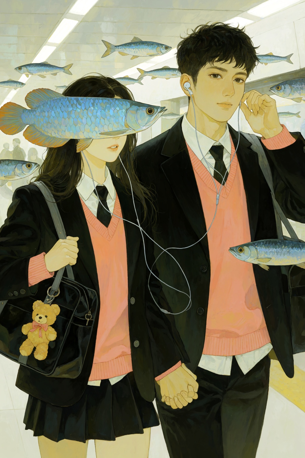 A medium shot depicts a man and woman walking side by side indoors while sharing a single pair of wired earphones connecte...