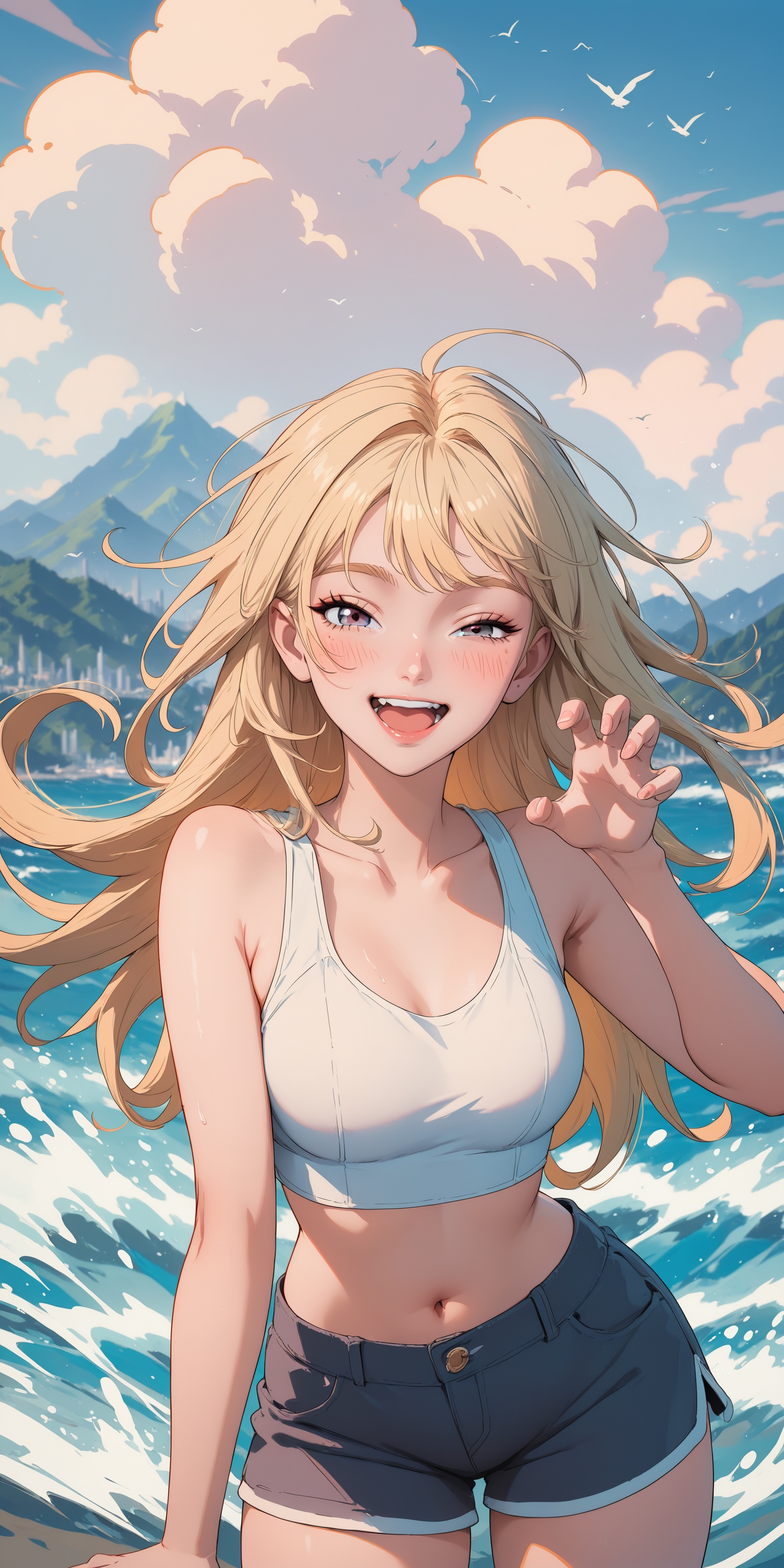 (illustration:1.1),newest,.,.,.,.,1girl,happy,blush,cloud,splashing,ocean,waves,crop top,shorts,upper body,blonde hair,wind,half-closed eye,claw pose,mountain,bird,skyline,, very awa, masterpiece, best quality, highres, absurdres,