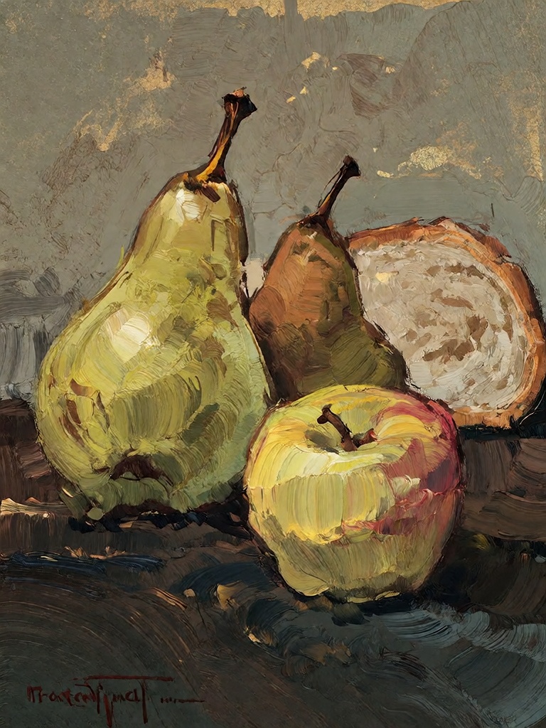 Bradhamel art style. A still life painting of four pears and one apple arranged on a dark,  textured surface with a slice...