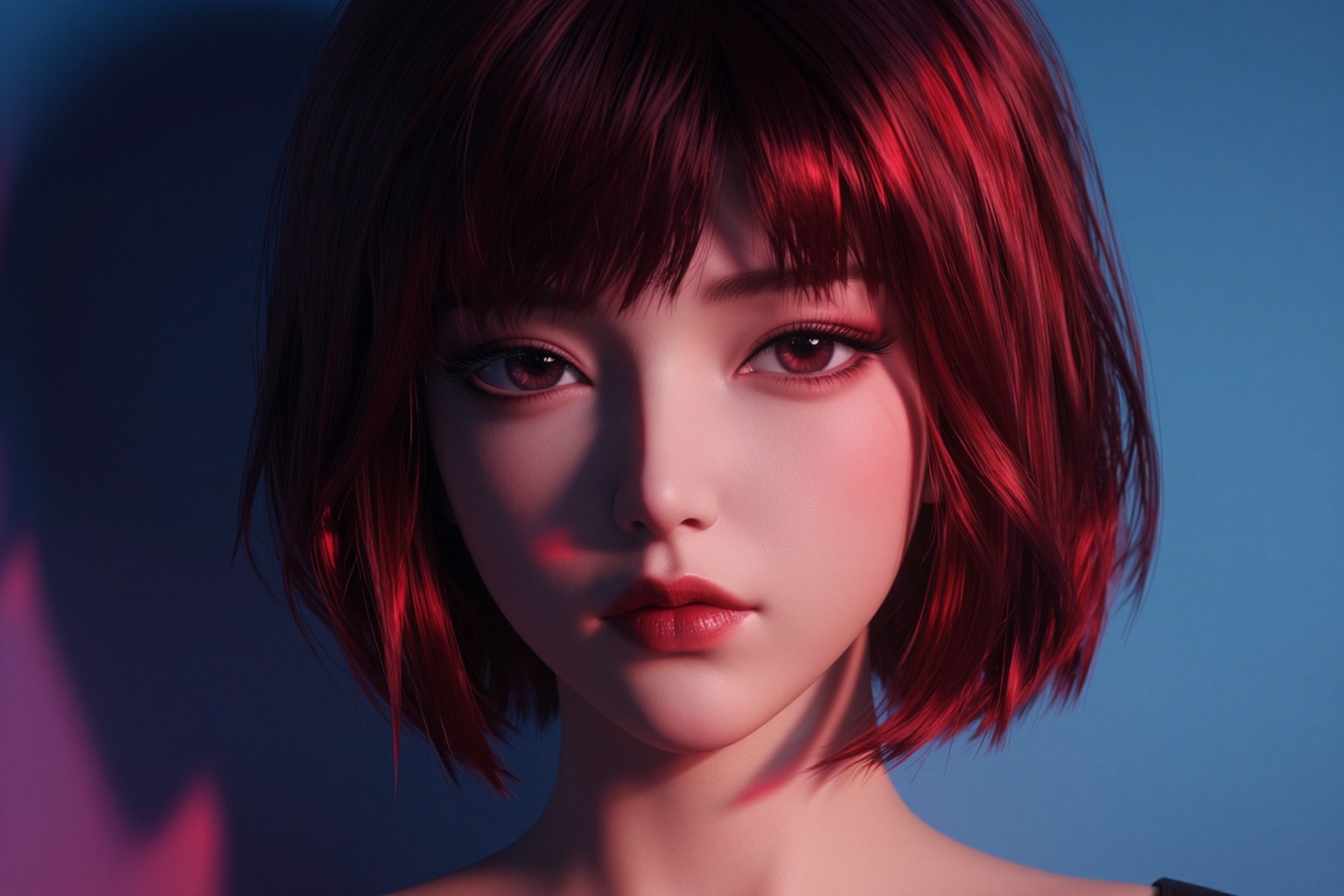 YY Anime style,CG,digital illustration in a stylized, semi-realistic art style, characterized by bold, dramatic lighting and shadowing. The subject is a young woman of East Asian descent, with a smooth, porcelain-like skin tone and a striking, symmetrical face. She has a short, sleek bob haircut with a deep, rich red hue, contrasting sharply with the cool blue tones in the background. Her eyes are almond-shaped, with a piercing gaze, enhanced by dark eyeliner and subtle, arched eyebrows. Her lips are full and slightly parted, with a natural, glossy sheen.  The background is a gradient of cool blues and dark purples, with a subtle, abstract geometric shape in the left side, adding depth and contrast to the scene. The lighting creates a dramatic interplay of light and shadow, with the red light source casting a striking diagonal across her face, highlighting the contours and creating a dramatic, almost cinematic effect. The shadows are deep and well-defined, emphasizing the shape of her face and the texture of her hair. The overall mood is intense and somewhat mysterious, with the color palette evoking a sense of cool, modern sophistication. The illustration showcases a blend of realism and stylized elements, 