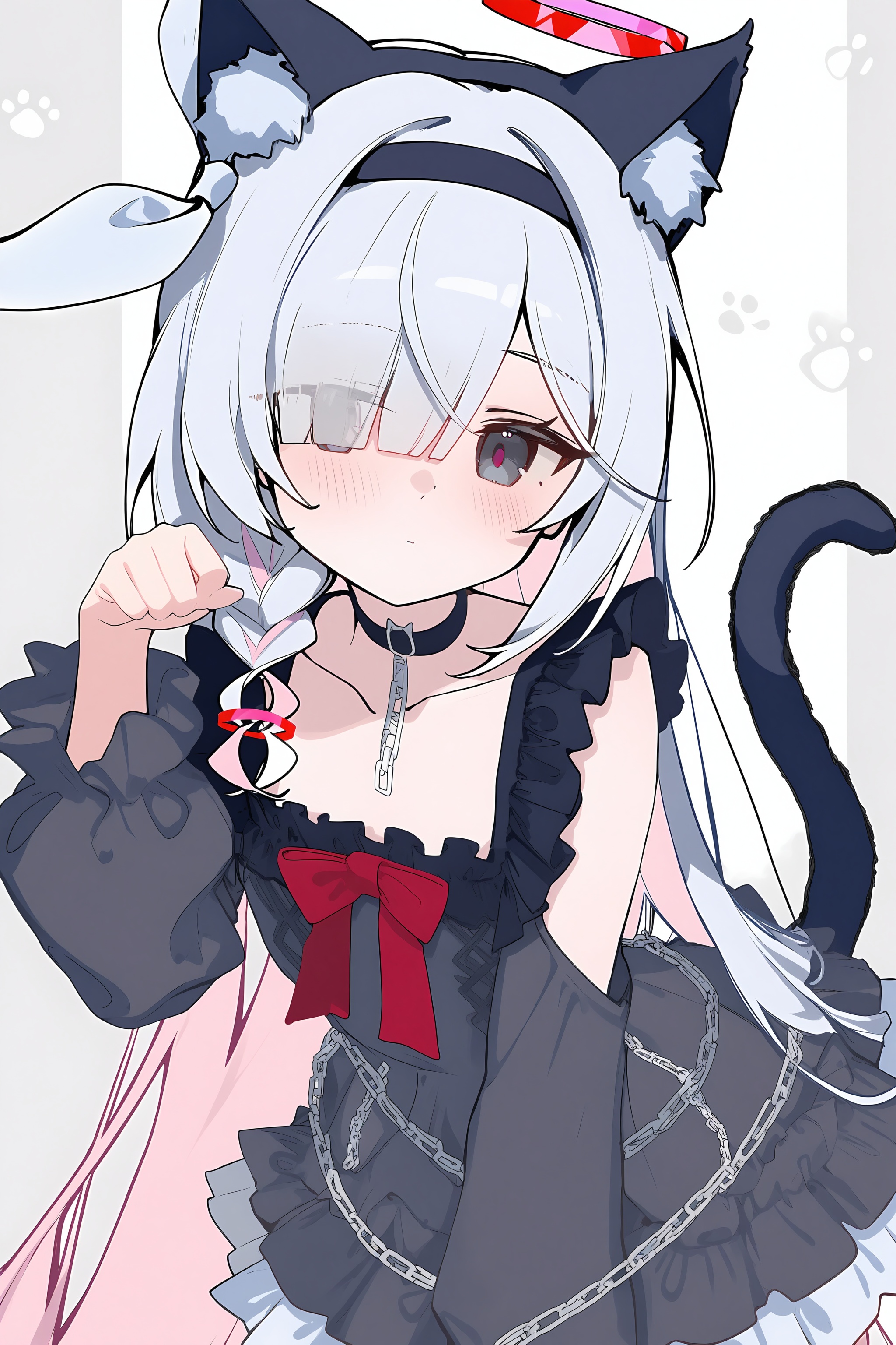 high resolution,aesthetic,excellent,medium resolution,newest,year 2025,<lora:nai4-ckxl0.2-000031>,1girl,red halo,animal ears,plana \(blue archive\),solo,cat ears,halo,long hair,black eyes,colored inner hair,black dress,long sleeves,black choker,closed mouth,black hairband,dress,tail,cat tail,choker,multicolored hair,blush,pink hair,braid,looking at viewer,paw pose,hair over one eye,animal ear fluff,white hair,single braid,hairband,chain,kemonomimi mode,grey hair,frills,collarbone,bow,alternate costume,pink halo,eyes visible through hair,cat girl,two-tone hair,red bow,