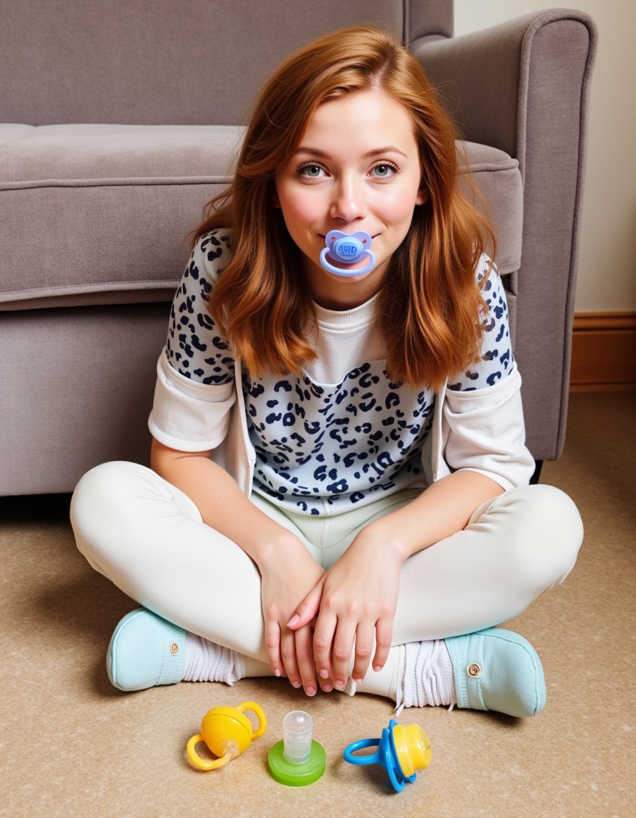 a woman sitting with a pacifier in her mouth,  dummies,  looking at viewer on Tensor.Art
