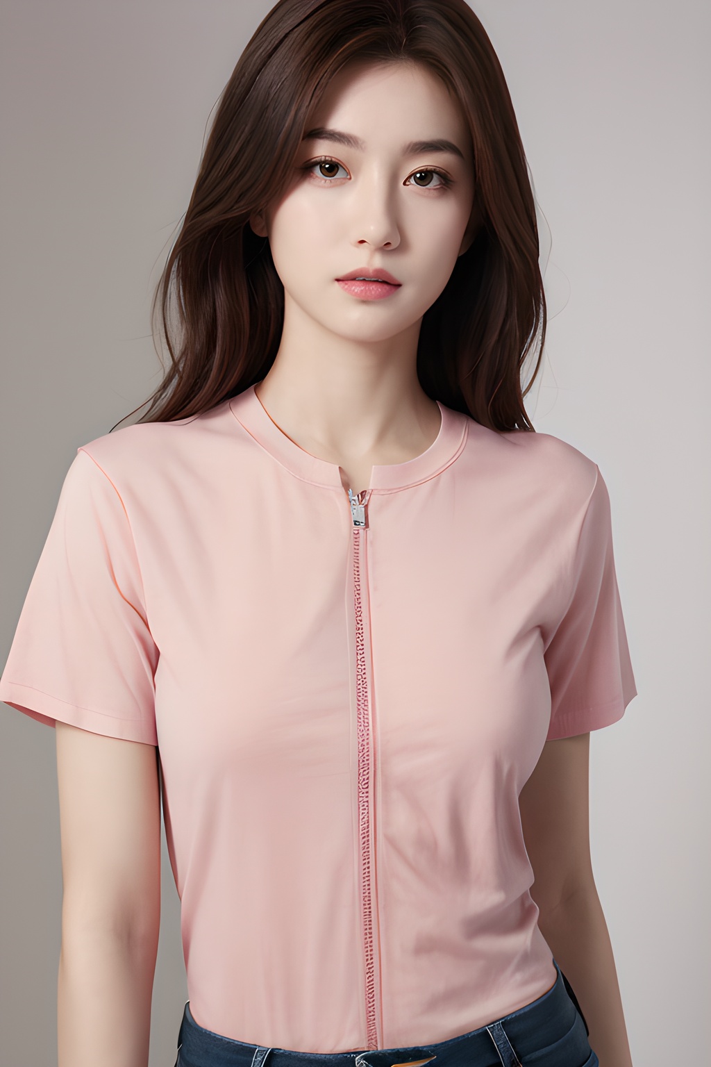 <lora:0816_10:0.7>,partially_unzipped,pink,short sleeve T-shirts,simple background,, 1girl,realistic,masterpiece, best quality, photorealistic, HDR,detail