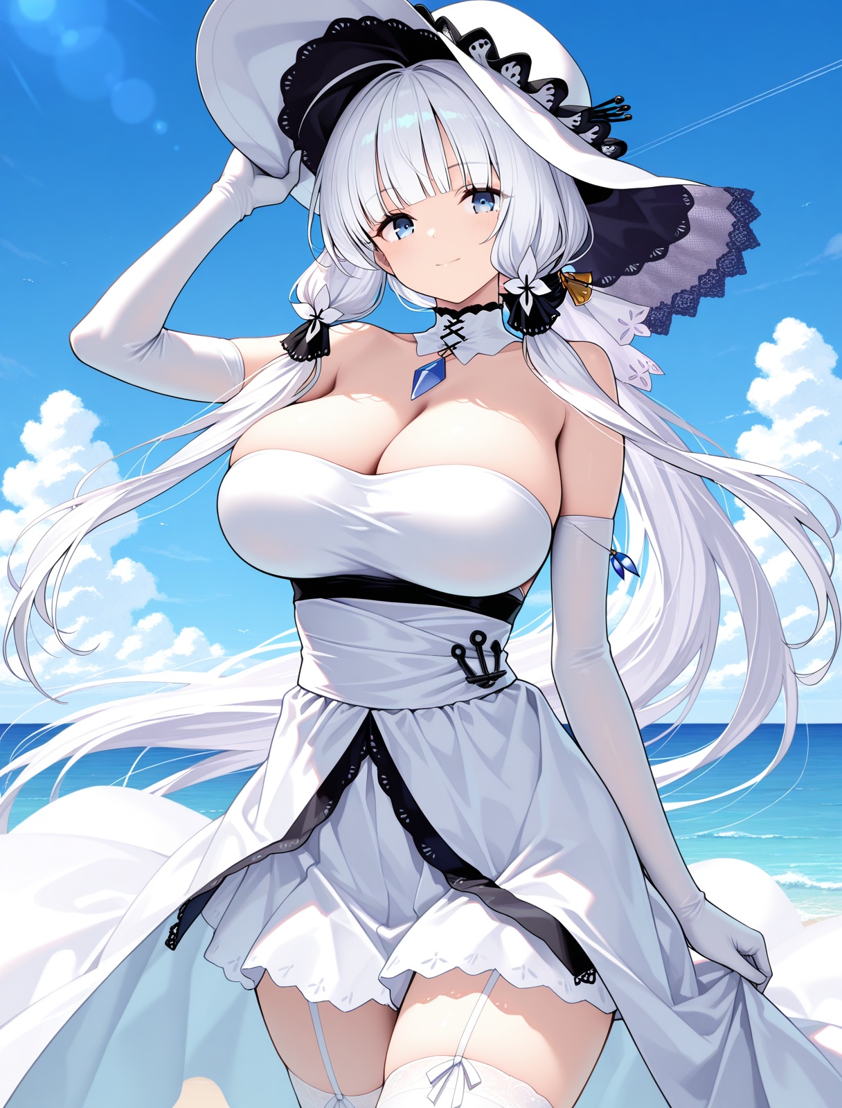 <lora:illustrious_IL_v1.0:1>,illustrious \(azur lane\),hand on headwear,blue sky,horizon,, masterpiece,best quality,