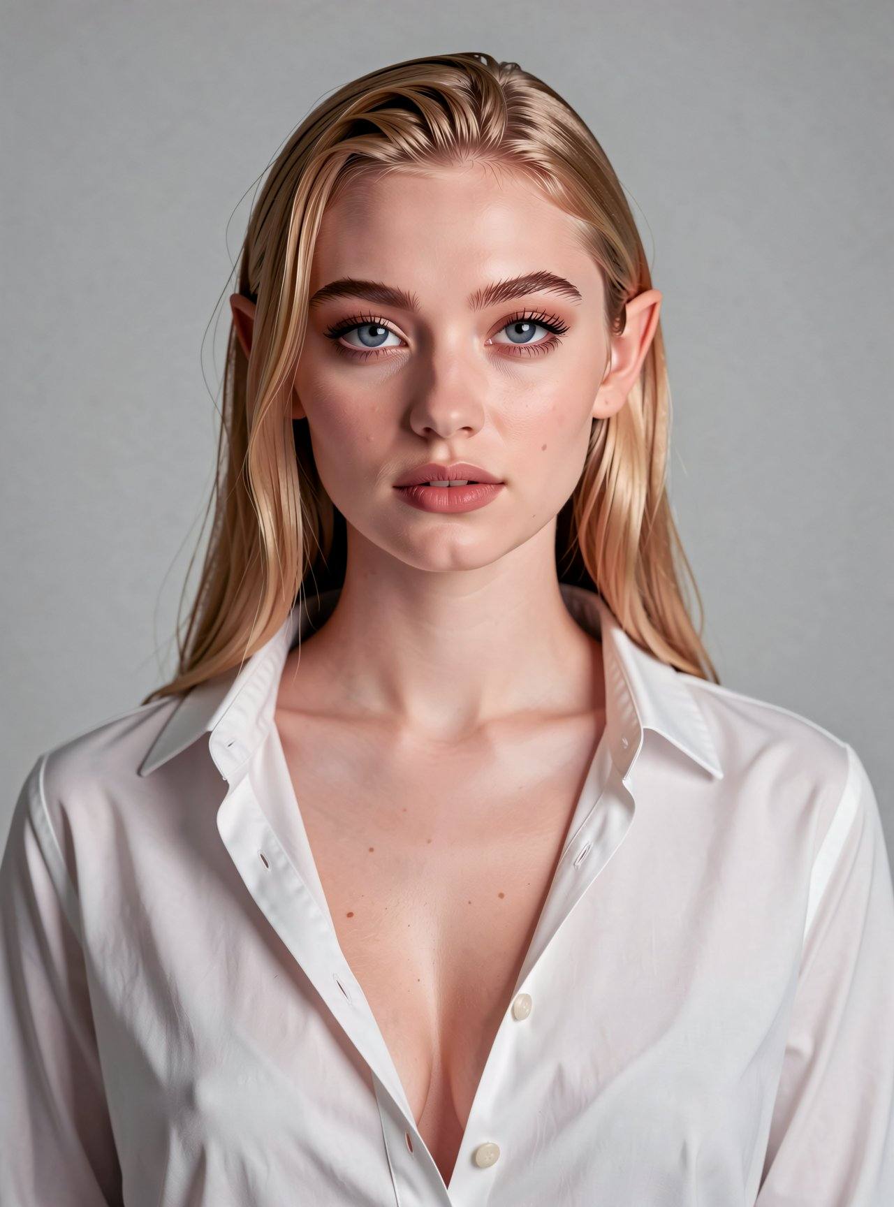 d4n3lfphoto of a young woman,  white shirt,  cleavage on Tensor.Art