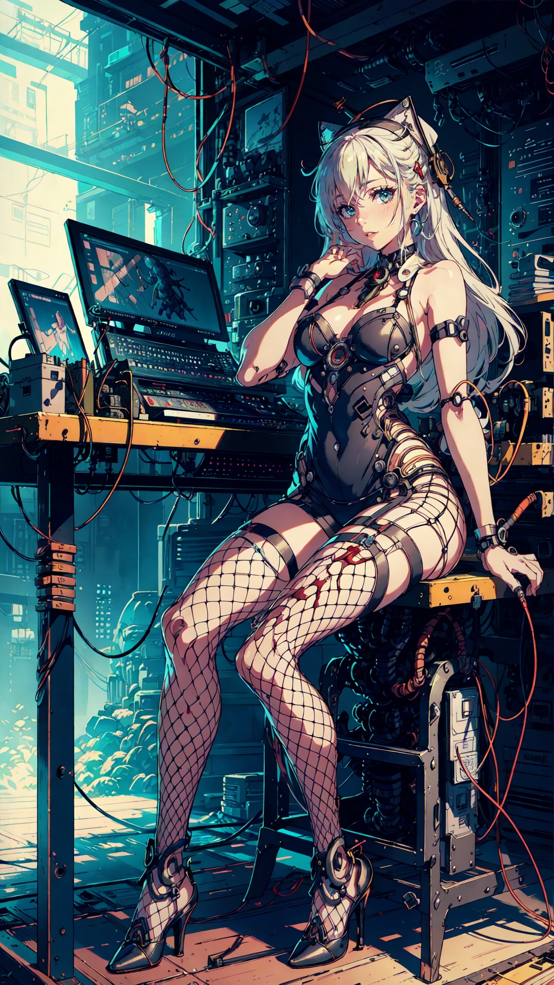 fishnet  pantyhose,high heels,(masterpiece, top quality, best quality, official art, beautiful and aesthetic:1.3),(1girl:1.3),extreme detailed,colorful,highest detailed,((ultra-detailed)),(highly detailed CG illustration),((an extremely delicate and beautiful)),cinematic light,((1mechanical girl)),solo,full body,(steampunk),(machine made joints:1.2),(mechanical limbs),(blood vessels connected to tubes),((mechanical cervial attaching to neck)),(sitting),expressionless,wires and cables attaching to neck,wires and cables on head,science fiction,mechanical city,active pose,<lora:merged_0013:0.6>,