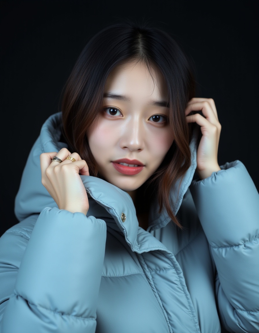 This is a photograph of a young Asian woman with fair skin, dark brown hair, and expressive eyes. She wears a light blue, puffy winter coat with a hood that she holds up with her left hand, revealing a gold ring on her ring finger. The background is dark, emphasizing her face and the texture of the coat. The image captures a sense of mystery and calm.