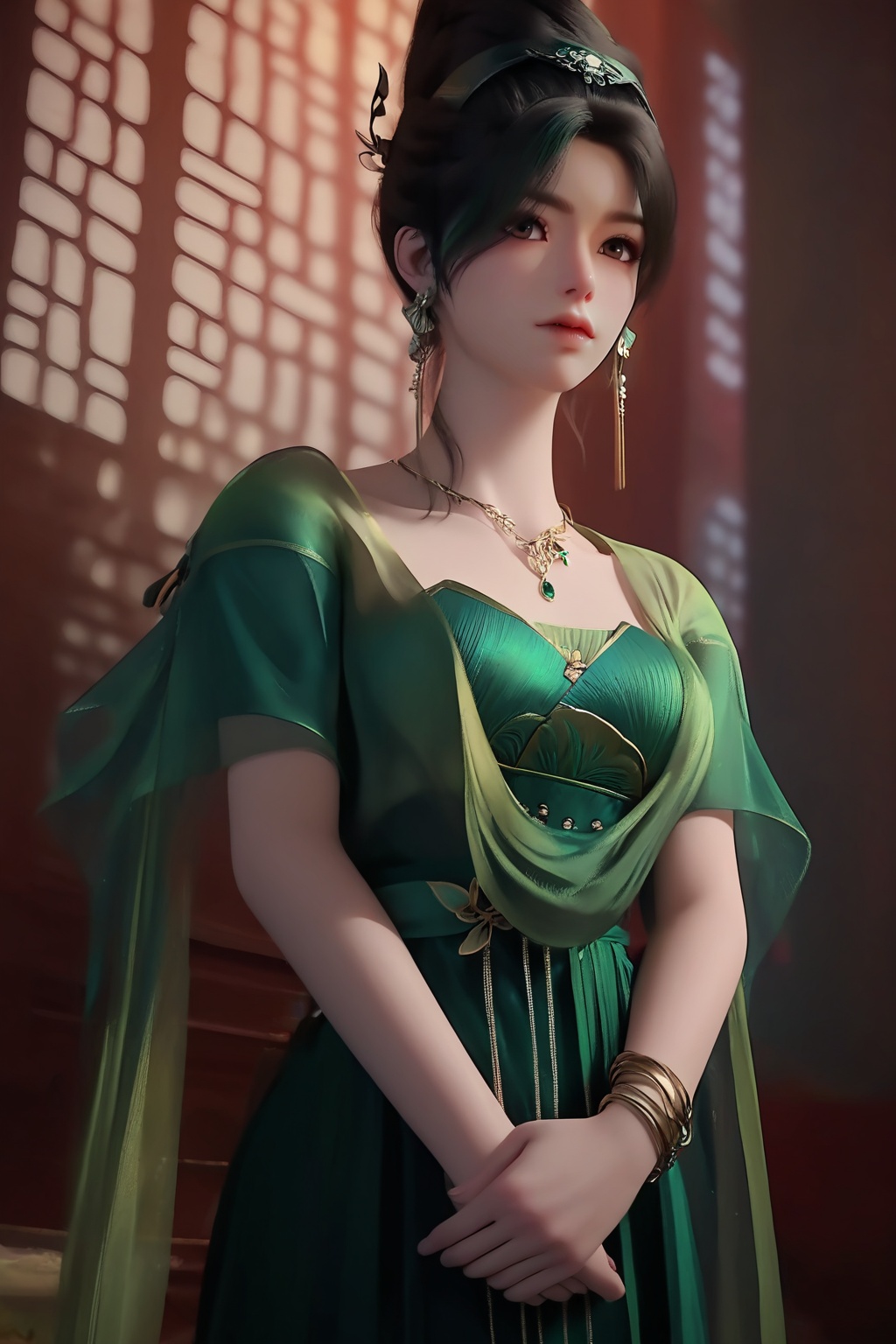 (looking at viewer:1.1),<lora:XL16神国之上唐雨:0.95>,miss tangyu,green corset dress,sheer overdress,brown eyes,black hair,green streaked hair,hair updo,necklace,bracelet,jewelry,(large breasts:1.2),, score_9,score_8_up,score_7_up,score_6_up,score_5_up,score_4_up,3d rendering,tag1,tag2, Cinematic Lighting,backlighting,