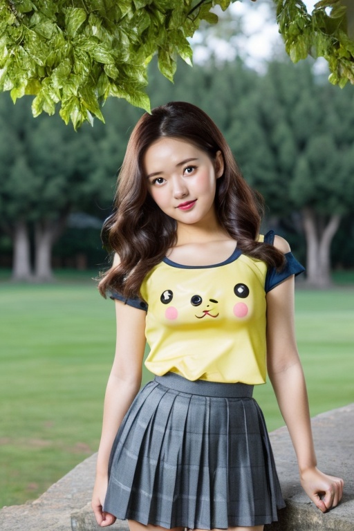 best quality,HDR,UHD,8K,Vivid Colors,solo,photo_,(medium),cute & girly,(1girl:1.6),(standing:1.3),(looking at viewer:1.4),(outdoors:1.3),Elegant,detailed gorgeous face,(Pikachu T Shirt:1.2),pleated skirt,,<lora:zhaosilu:1>