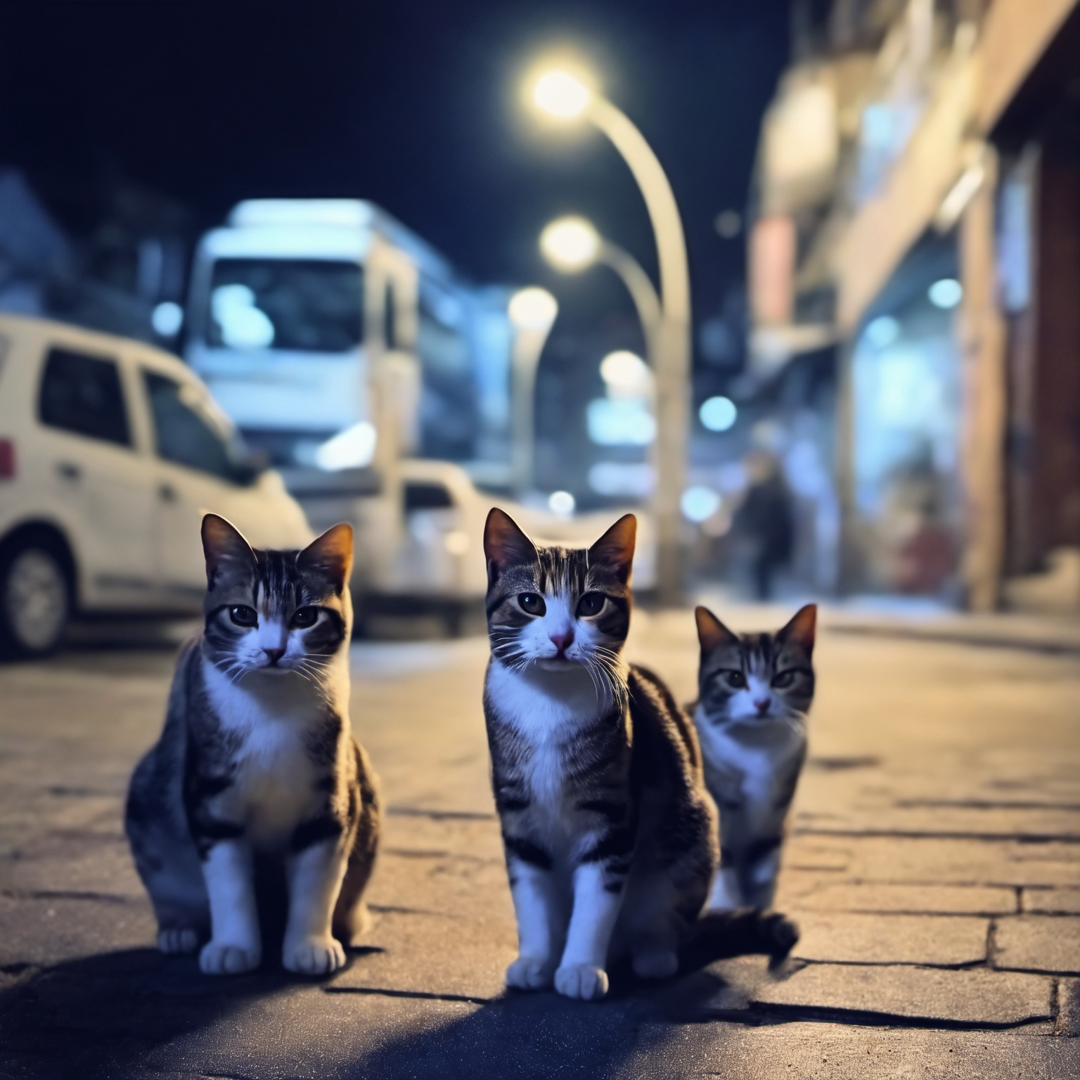 Beautiful Gloomy multiple cats,  near Revolting street,  at Blue hour on Tensor.Art