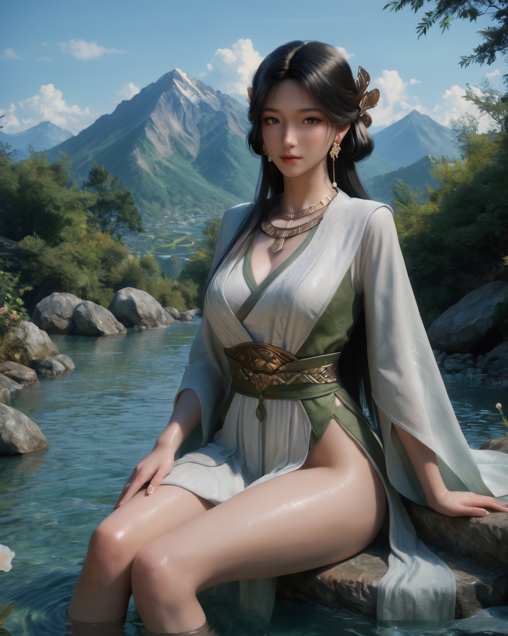 score_9,score_8_up,score_7_up,detailed face,detailed body,outdoors,mountain,water,white_flower,<lora:Pony-梅凝-正式版v1>,1girl,meining,upper body,black hair,long hair,jewelry,hair ornament,earrings,necklace,hanfu,looking at viewer,sitting,thick thighs,soaking_feet,