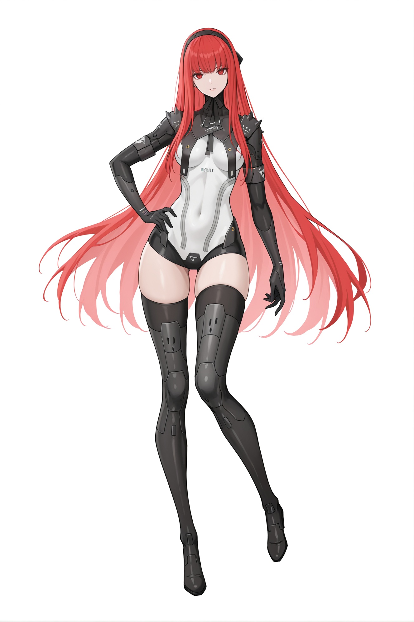 best quality,masterpiece,(ultra-detailed),(high detailed skin),full body,looking at viewer,(solo:1.2),simple background,(white background:1.2),hand on own hip,(white background:1.1),solo,<lora:Vera-ill-Tanger-000013:0.8>,Vera,clothes: Vera guili def armored bodysuit,1girl,long hair,red hair,red eyes,bangs,black thighhighs,very long hair,black footwear,