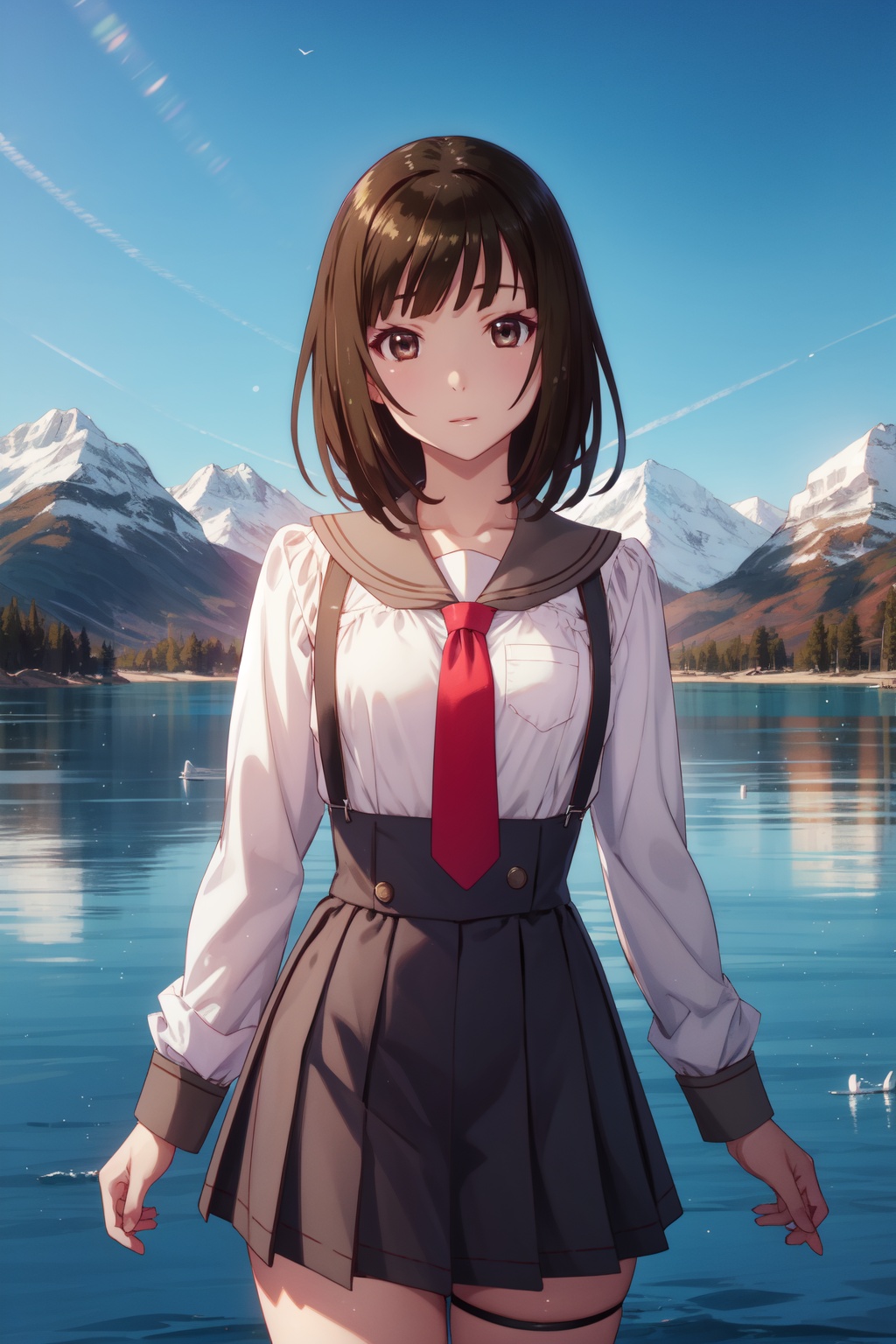 <lora:Nadeko-000013:0.8>,Nadeko cyql,1girl,looking at viewer,solo,brown hair,medium hair,blunt bangs,brown eyes,school uniform,long sleeves,necktie,high-waist skirt,suspender skirt,sailor collar,shirt,red necktie,white shirt,Confident, Eyes that meet the viewer directly, a slight smile, and a relaxed posture.,portrait,beautiful face,beautiful eyes,glossy skin,shiny skin,Lake, Glacier, Turquoise, Water, Reflection, Mountains, Serenity, Cold,(California poppies, Spring blooms, Poppy field, Vibrant colors, Springtime explosion, California landscape:0.6),beautiful detailed sky,beautiful detailed glow,posing in front of a colorful and dynamic background,masterpiece,best quality,beautiful and aesthetic,contrapposto,female focus,wallpaper,fashion,
