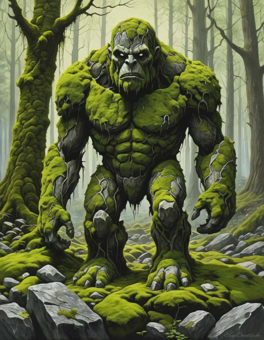 Stone golem, moss covering, ancient forest, Gothic sketch, inspired by Brian Selznick