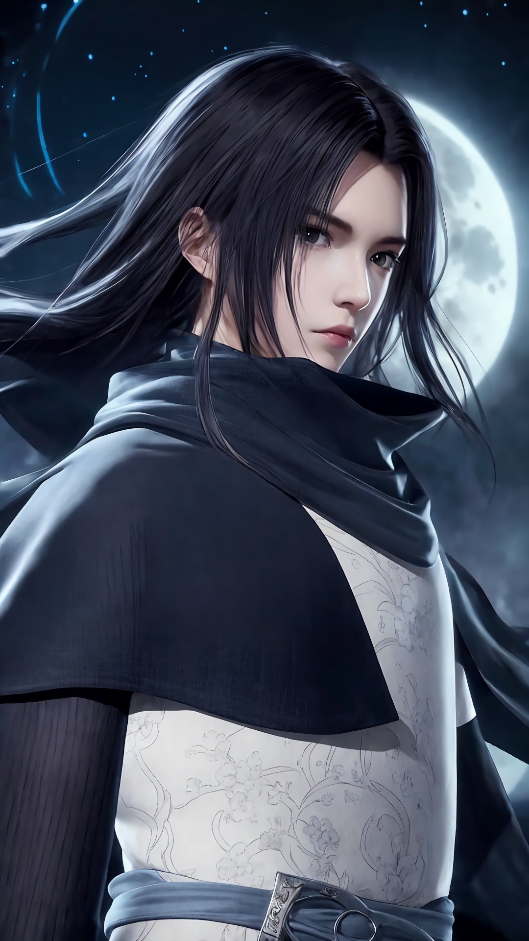 (1boy:0.8),male focus,cape,armor,solo,black hairr,<lora:Ge Nie man Boy Handsome boy swordsman_20240829181204:0.8>,highres,wallpaper,huge filesize,mid_shot,bust,upper_body,china_dress,chinese style architecture,moonlight,night_sky,