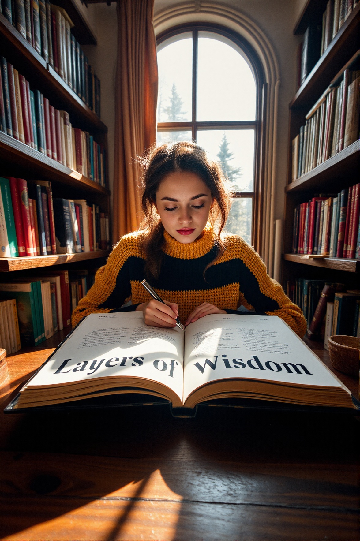 Text letters and words that says "Layers of Wisdom" in elegant black lettering on an open book,  centered in a cozy study...