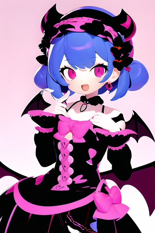 CH,high contrast,1Girl,solo,looking at the audience,blue blue smile,short hair,open mouth,bangs,black hair accessories,long sleeves,black and red Gothic Lolita,bow,holding,jewelry,headband,food,demon wings,demon tail,Lolita fashion,Gothic Lolita,Lolita headband,macaron,purple background,