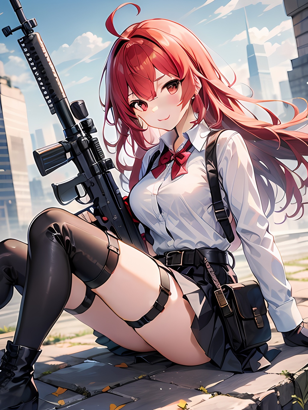 1girl,weapon,thighhighs,***,solo,red hair,skirt,red eyes,long hair,gloves,rifle,shirt,holding,holding weapon,white shirt,black gloves,long sleeves,looking at viewer,boots,black footwear,pleated skirt,black thighhighs,black skirt,holding ***,breasts,closed mouth,floating hair,bangs,sitting,collared shirt,belt,smile,bowtie,bow,miniskirt,zettai ryouiki,skindentation,blush,ahoge,scope,sniper rifle,assault rifle,blurry,knee up,thighs,ruins,medium breasts,outdoors,thigh strap,large breasts,one knee,