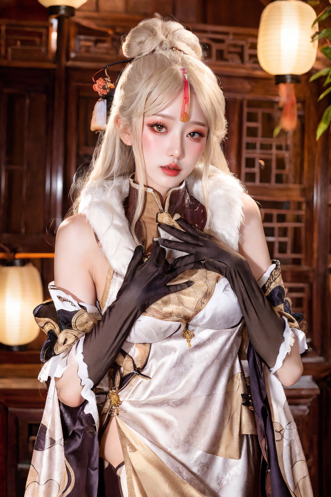 masterpiece,best quality,ultra detailed,ultra high res,realistic,fur collar,Ningguang,1girl,solo,gloves,long hair,realistic,dress,looking at viewer,chinese clothes,hair ornament,breasts,china dress,lantern,elbow gloves,fur trim,white hair,hairpin,hair stick,blonde hair,red eyes,white dress,<lora:Ningguang:0.7>,