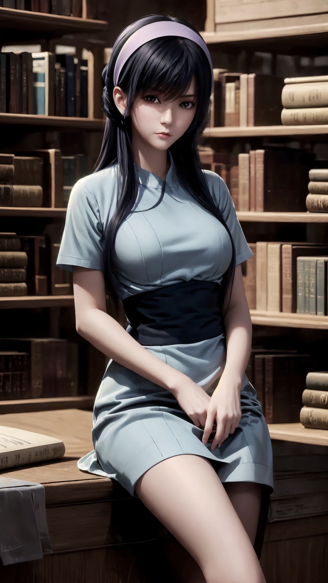 The image is a digital illustration of a young woman sitting on a bookshelf in a library. She is wearing a light blue dress with a high neckline and short sleeves. She has long black hair styled in a sleek bob with bangs and is wearing black stockings and a headband. The woman is looking directly at the camera with a serious expression on her face. Behind her, there are several bookshelves filled with books and a vase with a plant on top. The overall mood of the image is dark and mysterious.<lora:1.5端木蓉(3):0.8>,