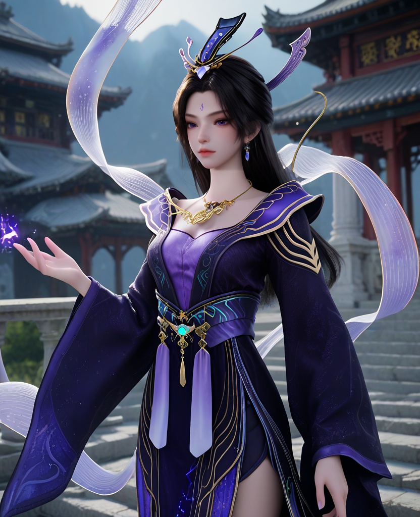 (oriental architecture, elegant decor, sophisticated style:1.1),(feminine pose:1.1),(breasts:1.2),<lora:XL16遮天紫府圣女紫霞:0.95>,miss zixia,atropurpureus dress,violet camisole,blue violet petticoat,amaranth eyes,forehead mark,black hair,very long hair,half-up crown ponytail,hair ornament,necklace,earrings,sash,wide sleeves,silk shawl,pelvic curtain,, score_9,score_8_up,score_7_up,score_6_up,score_5_up,score_4_up,3d rendering,tag1,tag2, Cinematic Lighting,backlighting,