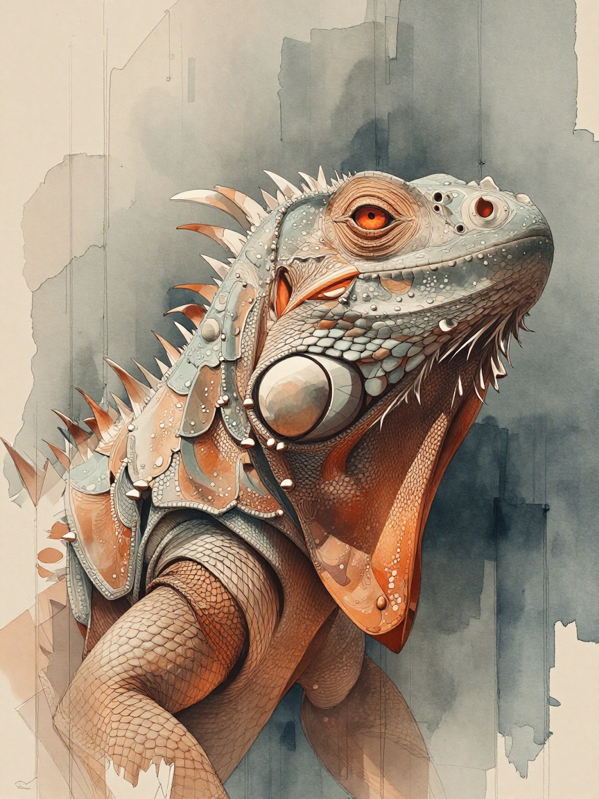 Tuarichit art style. In this arresting close-up cinematic frame,  we’re drawn into the piercing gaze of an iguana—its head...