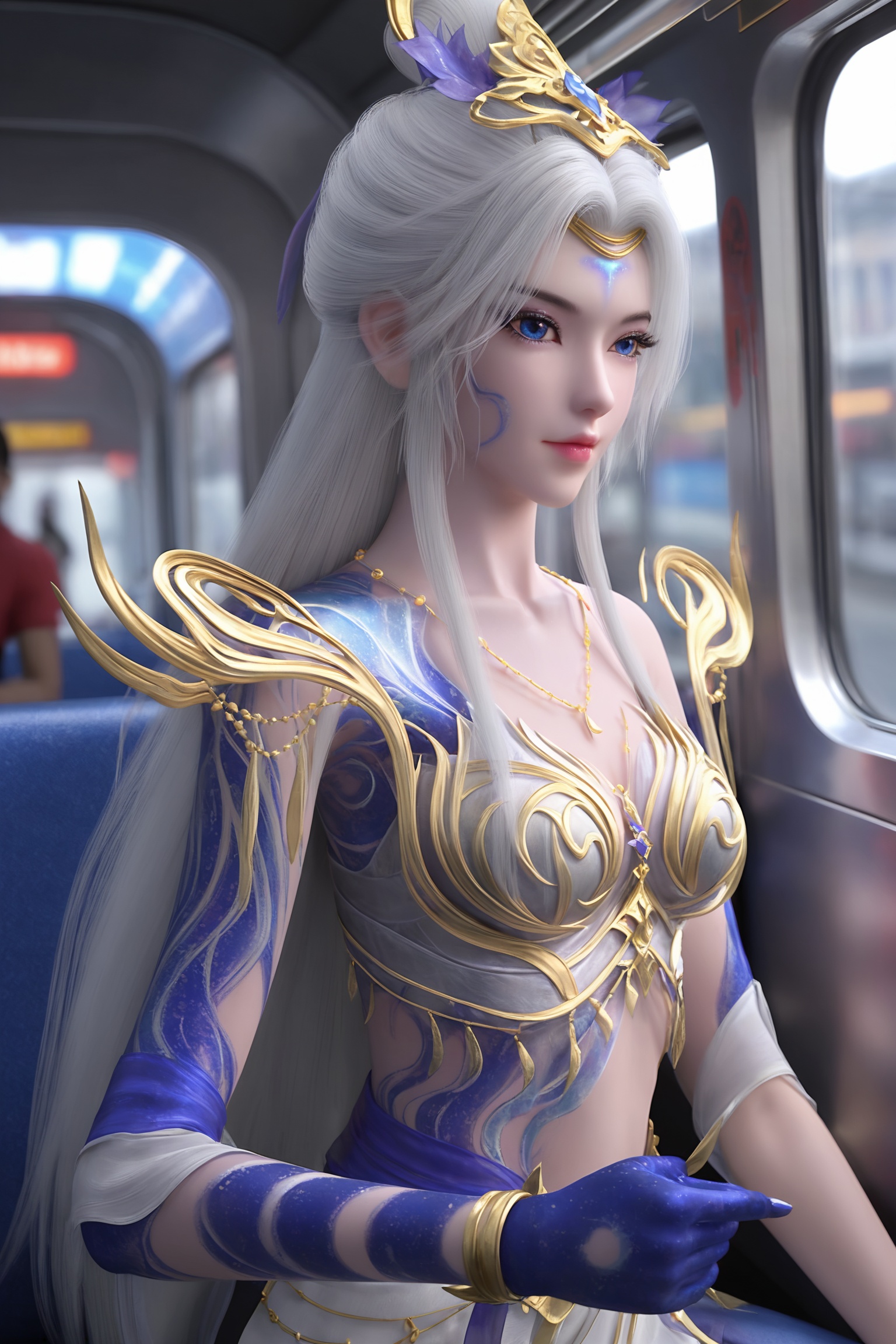 solo,1girl,solo focus,(perfect_anatomy:1.1),(upper_body:1.2),(portrait:1.1),sitting,(train_interior:1.1),(blurry_background:1.2),looking at viewer,<lora:完美-莫仙-主祭圣女-Pony:0.8>,1girl,long,flowing white hair,blue and gold headpiece,gold armor,blue tattoo,ornate,sleeveless outfit in shades of white and blue,with intricate patterns and designs,blue gauntlet on left hand,barefoot,