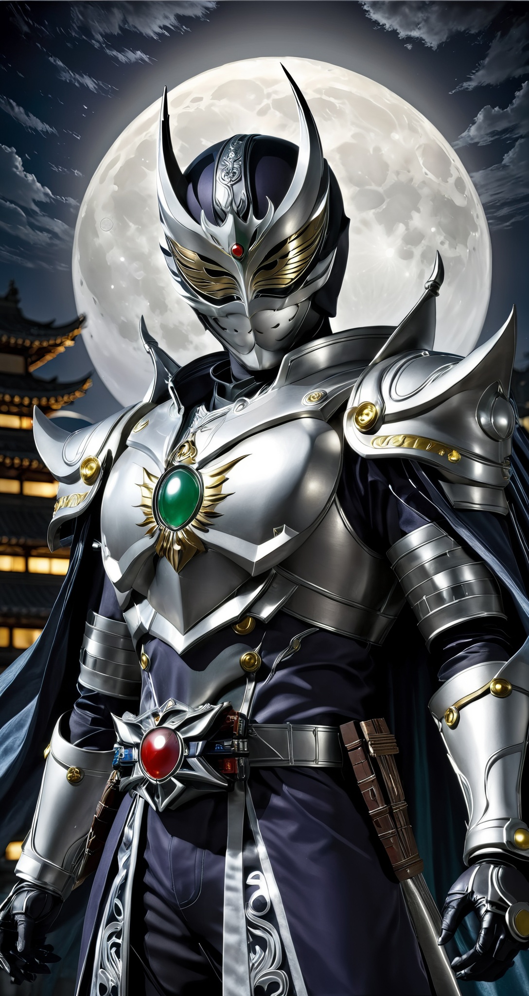 Kamen rider style,  the mask guardian under the moonlight,  wearing a moonlit war robe and a silver mask on Tensor.Art