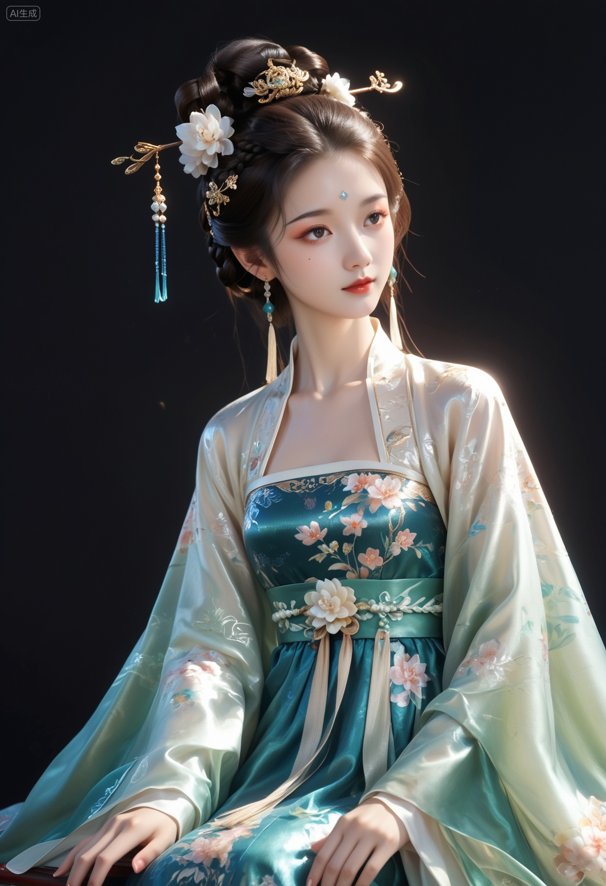 score_9,score_8_up,score_7_up,solo,1girl,long_hair,hair_ornament,black_hair,chinese_clothes,jewelry,dress,earrings,long_sleeves,realistic,black_eyes,brown_hair,hair_stick,blue_dress,braid,mole,mole_under_eye,half_updo,skirt,green_dress,ribbon,sitting,floral_print,hair_bun,hanfu,wide_sleeves,fair_skin,white_skin,shiny_skin,Ivory_skin,solo focus,(perfect_face:1.2),(perfect_anatomy:1.1),(upper_body:1.2),(portrait:1.1),large breasts,(simple background,pure black background,black background:1.1),, Negative prompt: score_6,score_5,score_4,busty,ugly face,mutated hands,low res,blurry face,black and white,,nsfw, Steps: 20, Sampler: Euler, CFG scale: 7.0, Seed: 535289946, Size: 832x1216, Model hash: e754a5e628, Model: 3DCG国游_Pony🔮_底模_v4.safetensors, Denoising strength: 0.45, RNG: CPU, vae_name: automatic, Hires resize: 1248x1824, Hires steps: 30, Hires upscaler: R-ESRGAN_4x+