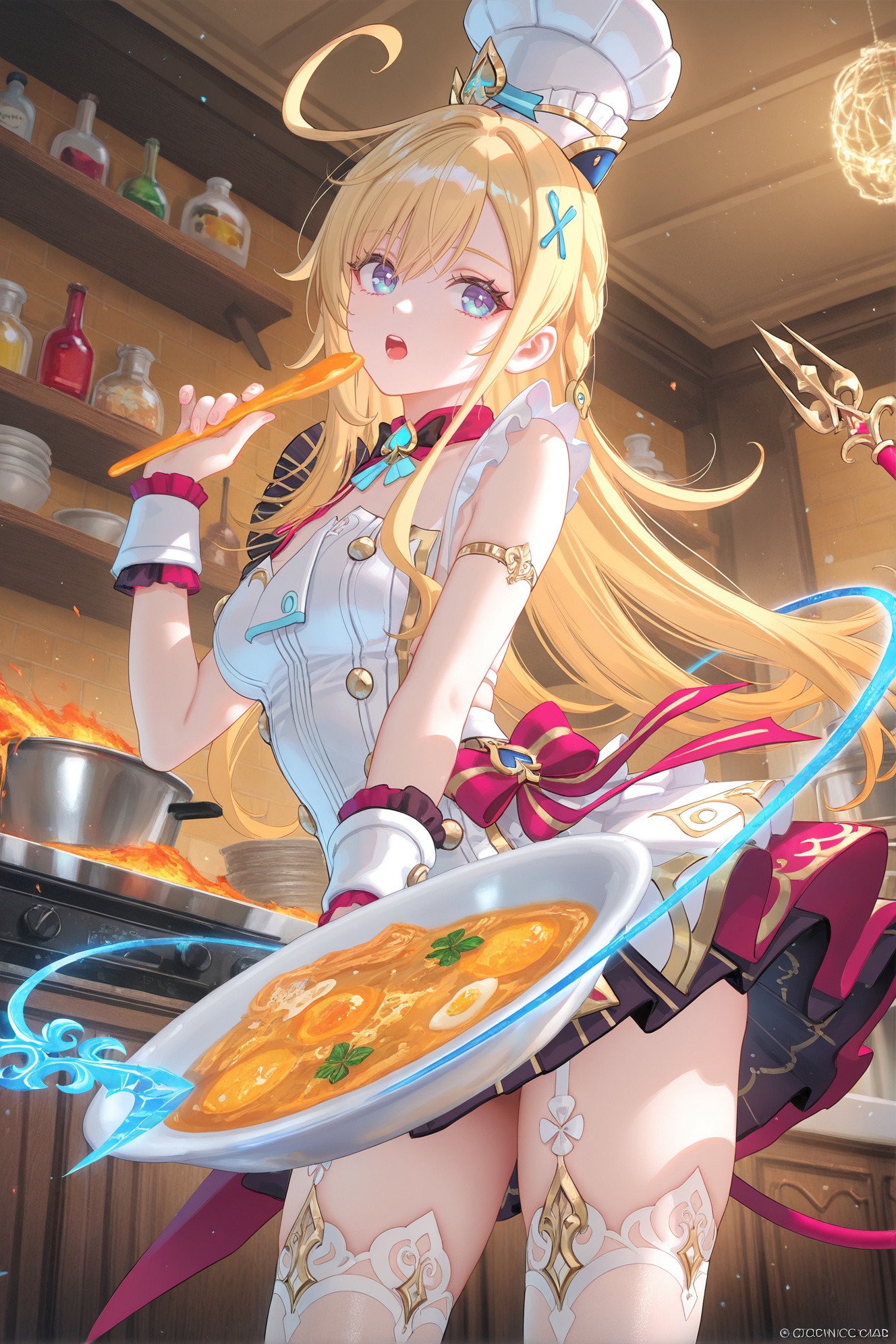 8k,best quality,masterpiece,(ultra-detailed),(high detailed skin),((artist:reoen),(artist:fuzichoco),(artist:atdan),(artist:torino_aqua),year 2024:0.8)1girl,[artist:wlop],[artist:ningen_mame],artist:ciloranko,[[artist:rhasta]],artist:tidsean,colorful,divine_cuisine, heavenly_kitchen, angelic_cooking, sacred_ingredients, holy_flames, golden_pan, celestial_utensils, blessed_knife, sacred_recipes, divine_chef, paradise_gastronomy, soul_nourishment, eternal_feast, sacred_stew, blessed_kitchen, celestial_restaurant, holy_flames, angelic_herbs, radiant_glow, divine_banquet, paradise_banquet, blissful_cooking, harmony_sous-chef, serenity_grill, blessed_condiments, sacred_stove, divine_tools_(food), soulful_ingredients, angelic_gastronomy, holy_cookbook, singing_ingredients, blissful_toppings, sacred_delicacies, celestial_provisions, divine_pantry, harmony_sous-chef, sacred_food_prep, eternal_culinary_bliss, holy_culinary_arts  <lora:escoffier-ill-Tanger-000013:0.8>,escoffier \(genshin impact\),clothes: escoffier def white and black dress,escoffier chef's hat,1girl,thighhighs,long hair,ahoge,blue eyes,escoffier fake devil tail,blonde hair,