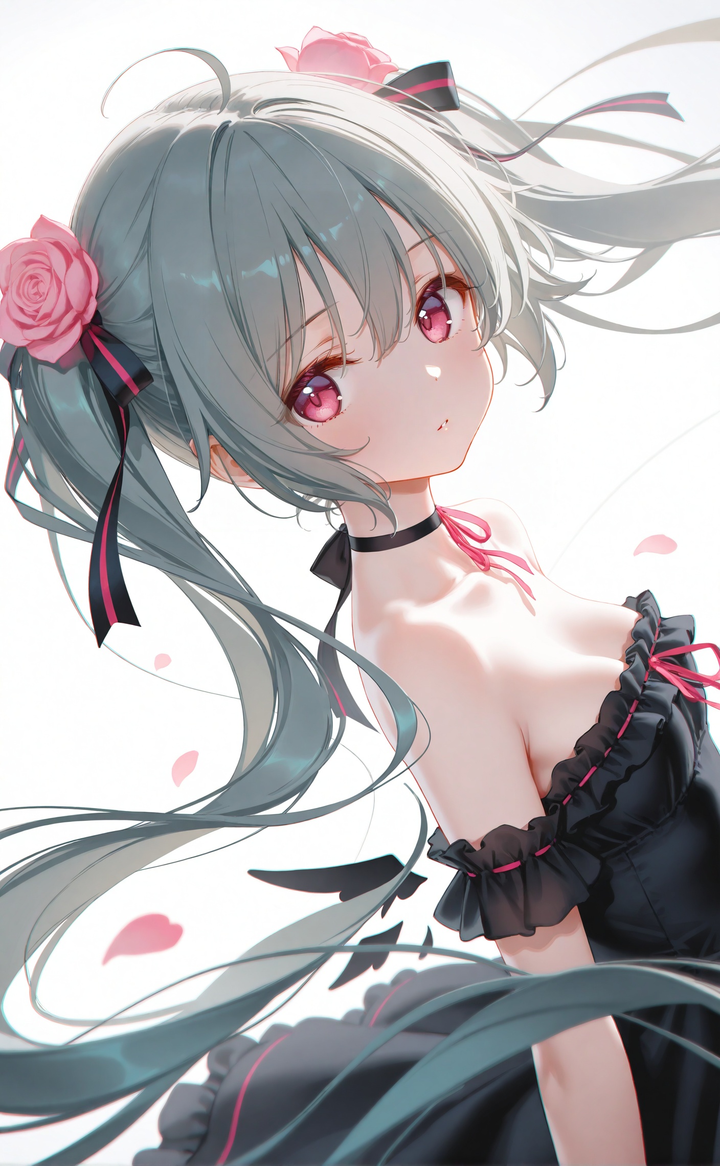 masterpiece,very aware,highres,absurdres,newest,best quality,petite,high quality,chromatic_aberration,cinematic_angle,dutch angle,child,petite,//,artist:ciloranko,artist:ningen_mame,artist:sho_(sho_lwlw),artist:rhasta,artist:wlop,artist:ke-ta,artist:hiten \(hitenkei\),//,loli,1girl,solo,long hair,hair ornament,flower,twintails,dress,hair flower,ribbon,black dress,looking at viewer,hair ribbon,red eyes,grey hair,white background,bare shoulders,very long hair,detached sleeves,choker,hair between eyes,petals,pink flower,strapless dress,strapless,from side,simple background,upper body,rose,breasts,wings,red ribbon,ahoge,floating hair,pink eyes,small breasts,frills,collarbone,parted lips,looking to the side,hatsune miku,ribbon choker,pink rose,black ribbon,standing,closed mouth,pink ribbon,black choker,bow,frilled dress,