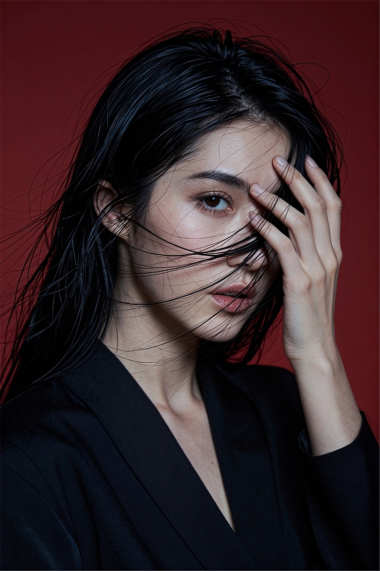 Studio portrait in moody cinematic fashion,  featuring a young Caucasian female with long,  straight black hair that casca...