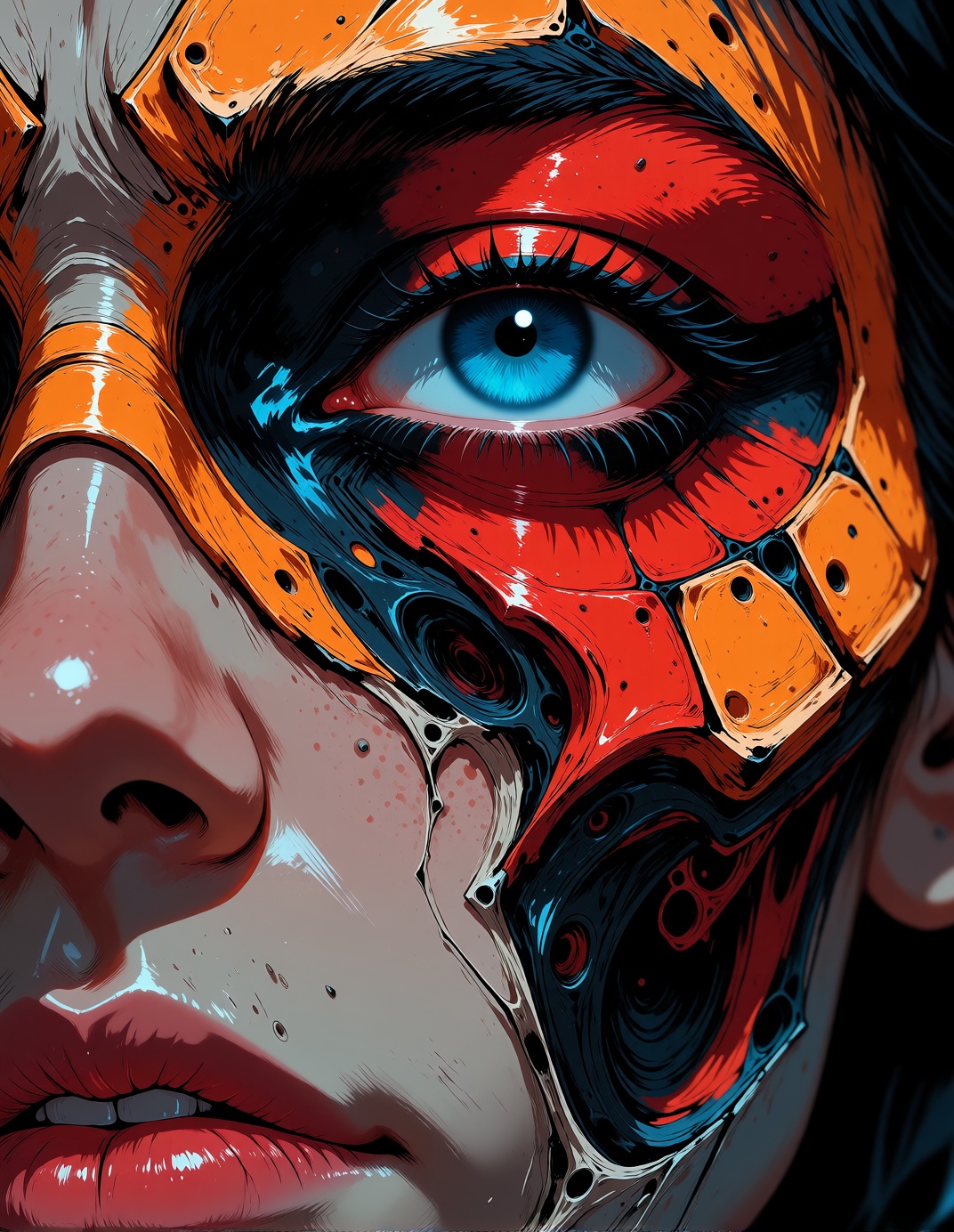A close view of a face centered on one vivid blue eye and part of the lips. Layers of orange,  red,  and black material su...