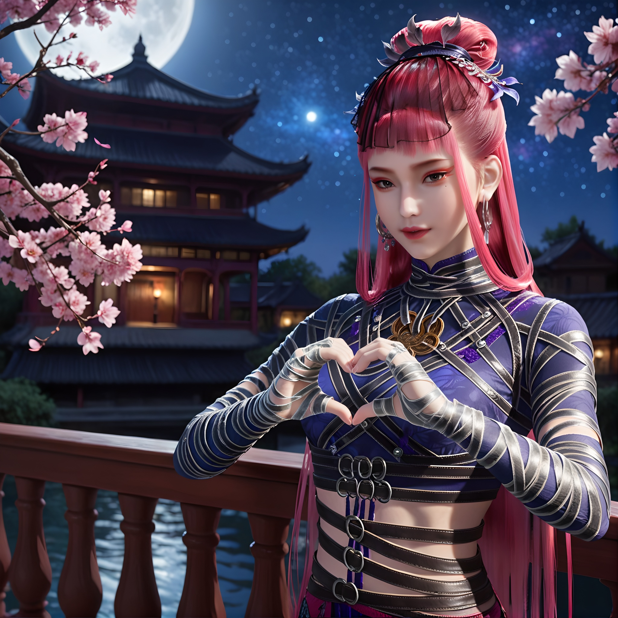 (score_9),upper body,front view,slender,(glamor:1.1),1girl,solo,<lora:好奇姐:0.85>,yf1,long hair,red-pink hair,jewelry,earrings,bangs,makeup,mole,mole under eye,hair bun,bandages,(heart hands),BREAKsimple background,black background,twig,branch,falling petals,starry_sky,hyper_galaxy,handrail,night,depth of field,moon,(chinese style architecture),chinese style,wooden,