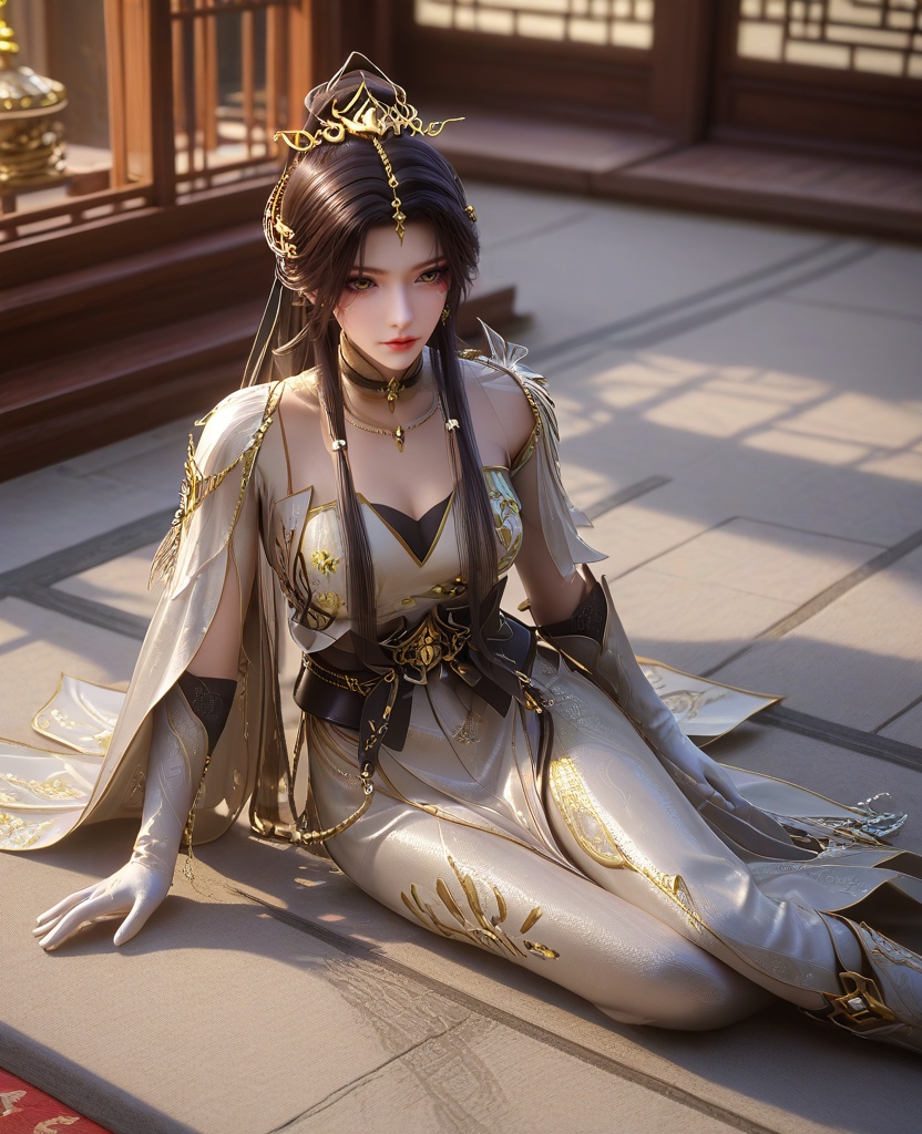 (oriental architecture, elegant decor, sophisticated style:1.1),(Elbows on knees, head resting on her hands,:1.1),From a high-angle vantage point,looking downwards,(large breasts:1.2),<lora:XL16云深不知梦羲和白色战斗服:0.95>,miss xihe,silvery white tiered dress,shawl,yellow eyes,facial mark,black hair,absurdly long hair,traditional chinese updo with long front strands,hair ornament,jewelry,sash,gloves,tights with attached boots,, score_9,score_8_up,score_7_up,score_6_up,score_5_up,score_4_up,3d rendering,tag1,tag2, Cinematic Lighting,backlighting,