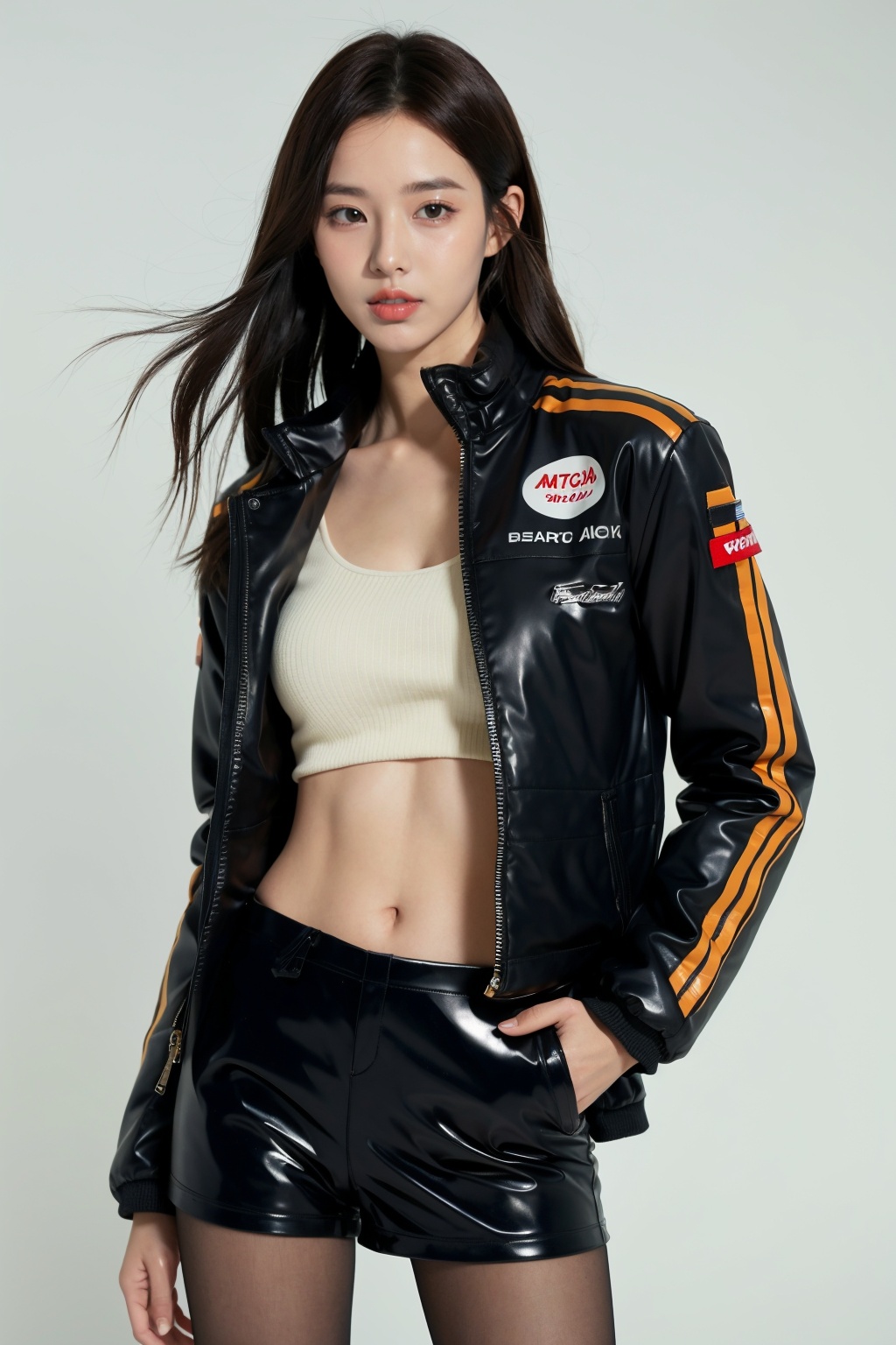 1girl, realistic, looking at viewer,Race suits, race girls, jackets, black pantyhose,