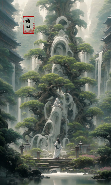 an painting in a style of oriental painting, in the style of matte painting, layered and atmospheric landscapes, rich and immersive, quiet contemplation, dark white and green, history painting, zen-inspired, grandeur of scale，highly detailed, dynamic, cinematic, stunning, realistic lighting and shading, vivid, vibrant, 8k,octane render, unreal engine, very detailed, concept art, realistic, Cry engine, wide shot，1 girl，very long hair，white hair，(upper body:1.0)，<lora:绪儿-松pine:0.9>