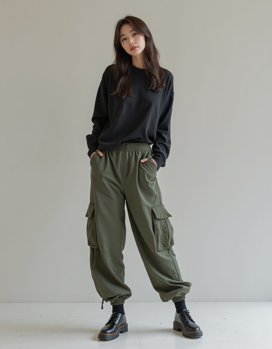 a real picture of a south korea woman,In Cargo Joggers\(Jogger-style pants with cargo pockets,blending comfort and utility\).,