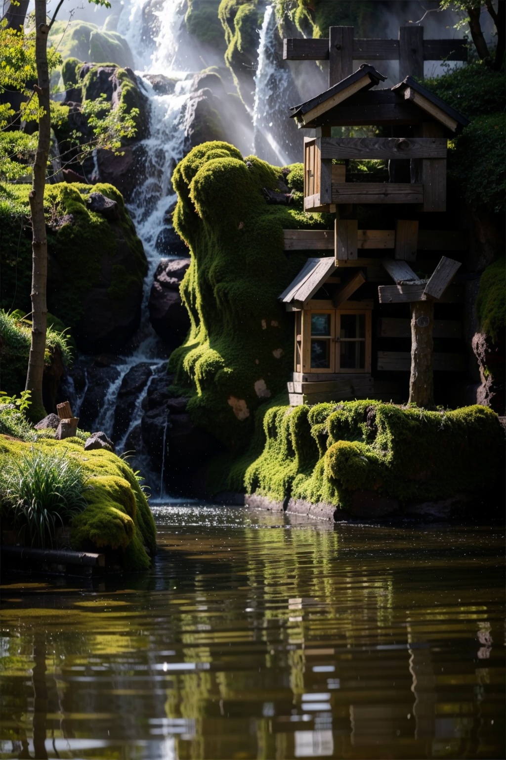 masterpiece,best quality,taixian,scenery,no humans,foreground tree,tree,outdoors,fog,nature,water,house,rock,depth of field,forest,day,moss,<lora:taixian-000005:0.8>,