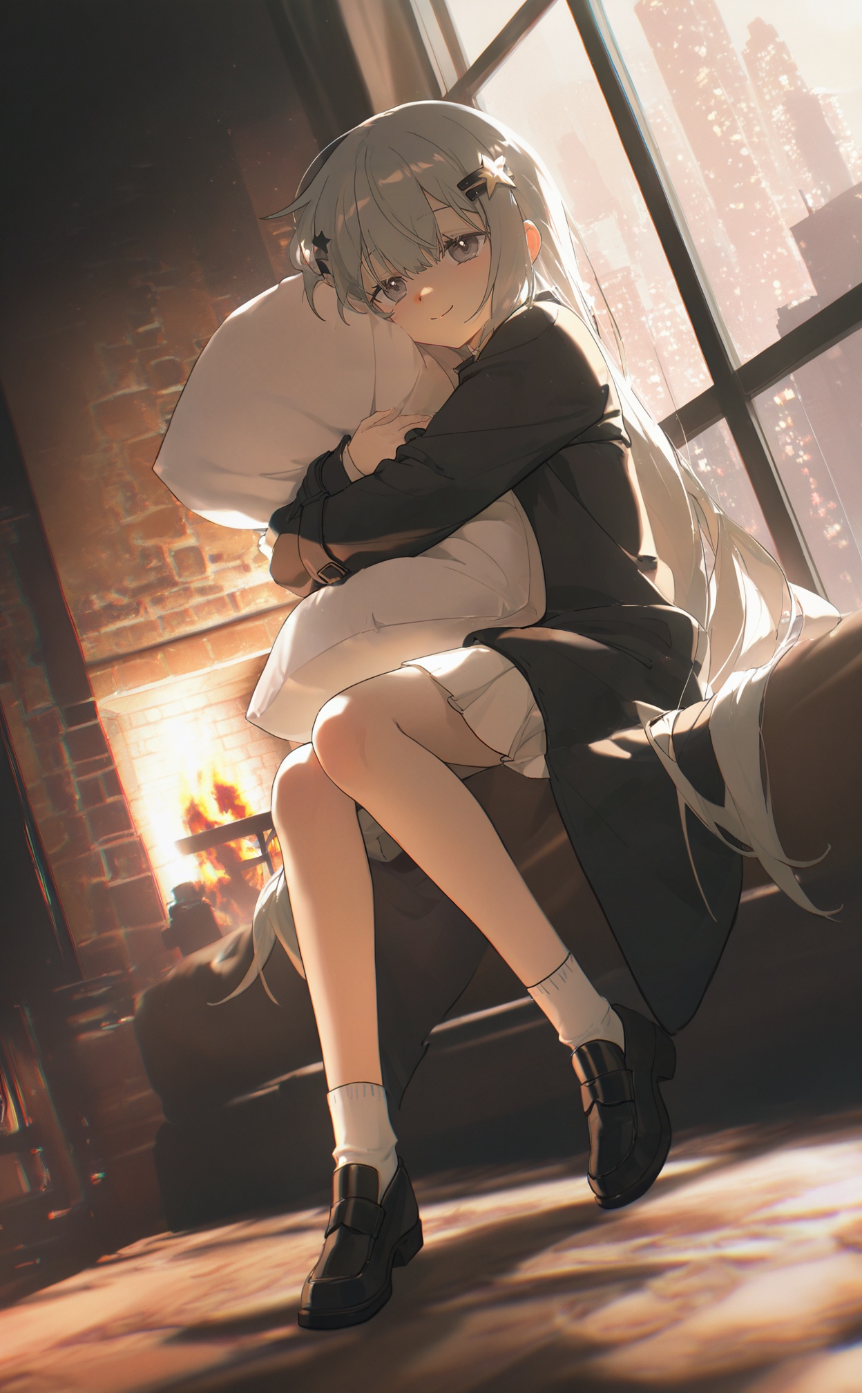 masterpiece,very aware,highres,absurdres,newest,best quality,loli,petite,high quality,chromatic_aberration,//,(1girl:0.6),thin,very long hair,grey hair,deep grey hair end,grey eyes,(detailed eyes),small breasts,(black coat),white lining,white skirt,socks,shoes,closed mouth,(happy),smile,star hairpin,Bow head,sitting in bed,hugging Pillow,{white flower},cityscape in window,pantyhose,fireplace,(dark night),masterpiece,best quality,official art,extremely detailed CG unity 8k wallpaper,cozy anime,backlight,(wide shot:0.95),Dynamic angle,fanxing,(full body),cozy anime,//,<lora:konya_karasue——【noob】hans:0.8>,
