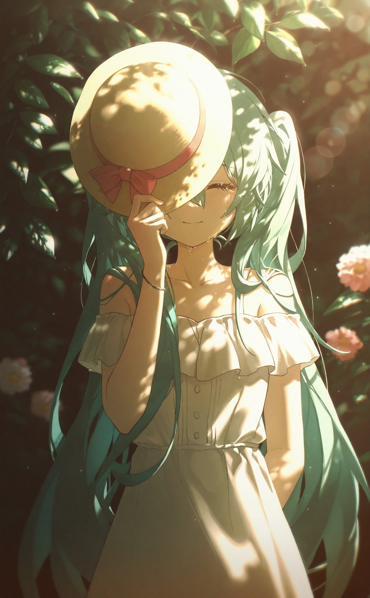 konya karasue,best,1girl,hatsune miku,flower,solo,long hair,hat,holding,dress,holding hat,white flower,closed eyes,unworn headwear,white dress,holding clothes,facing viewer,twintails,blurry,smile,sun hat,unworn hat,upper body,light particles,arm behind back,aqua hair,pink flower,blurry background,closed mouth,leaf,one eye covered,plant,collarbone,depth of field,crying,very long hair,tears,outdoors,bokeh,off-shoulder dress,glint,off shoulder,hand up,sunlight,covering one eye,covering face,jewelry,bracelet,blue hair,yellow headwear,short sleeves,sundress,dappled sunlight,red flower,bare shoulders,backlighting,sidelighting,bush,arm at side,^_^,floral background,lens flare,hat over one eye,hair between eyes,ribbon,straw hat,light smile,<lora:Mix konya+3-000043:0.9>,