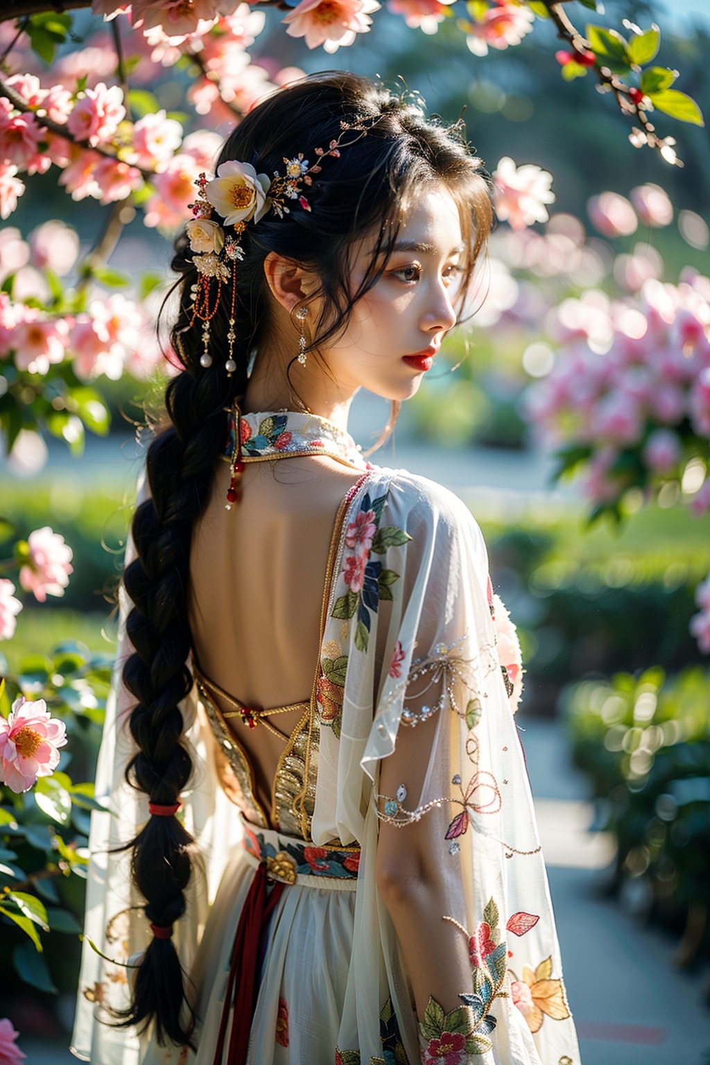 masterpiece, best quality, realistic, 1girl, gufeng style, solo, long hair, black hair, hair ornament, jewelry, standing, braid, flower, outdoors, day, from behind, blurry, tree, depth of field, sunlight, plant, branch<lora:GufengBD-000016:0.7>