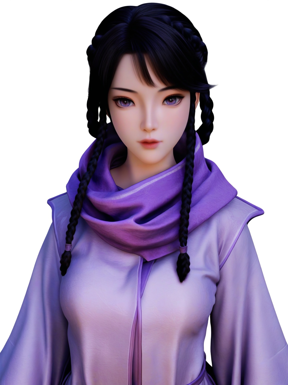 score_9,black hair,lips,1girl,medium breasts,clothes,bangs,braid,multiple braids,solo,purple eyes,robe,scarf,purple scarf,looking at viewer,white background,simple background,cowboy shot, <lora:SF_WangNing_Pony_Realism2.3-000003:0.7>,