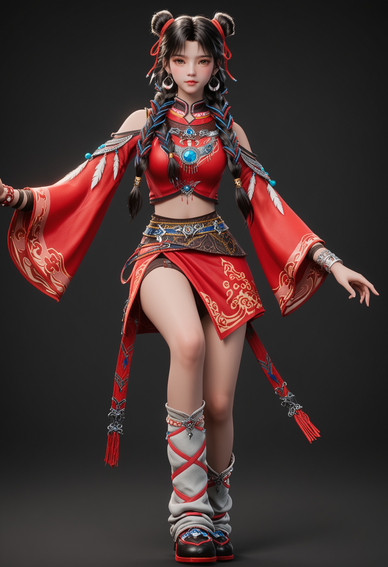 (cowboy shot:1.2),score_9,score_8_up,masterpiece,(best quality),intricate details,facing viewer,(looking at viewer:1.1),<lora:YQ_pony_bailuoheng_V4:0.8>,q1528437228,solo,1girl,jewelry,black hair,long hair,earrings,hair bun,braid,ribbon,hair ribbon,twin braids,double bun,brown eyes,chinese clothes,multiple braids,bracelet,crop top,skirt,multicolored hair,feathers,dress,red ribbon,red skirt,single hair bun,red dress,hair over shoulder,leg warmers,socks,shirt,brown hair,red shirt,necklace,freckles,shoes,long sleeves,detached sleeves,hair ornament,china dress,black eyes,multi-tied hair,wide sleeves,ribbon braid,black footwear,BREAKscore_9,score_8_up,masterpiece,(best quality),perfect anatomy,(hourglass),perfect face,(simple background,pure black background,black background:1.1),fair_skin,shiny_skin,Ivory_skin,