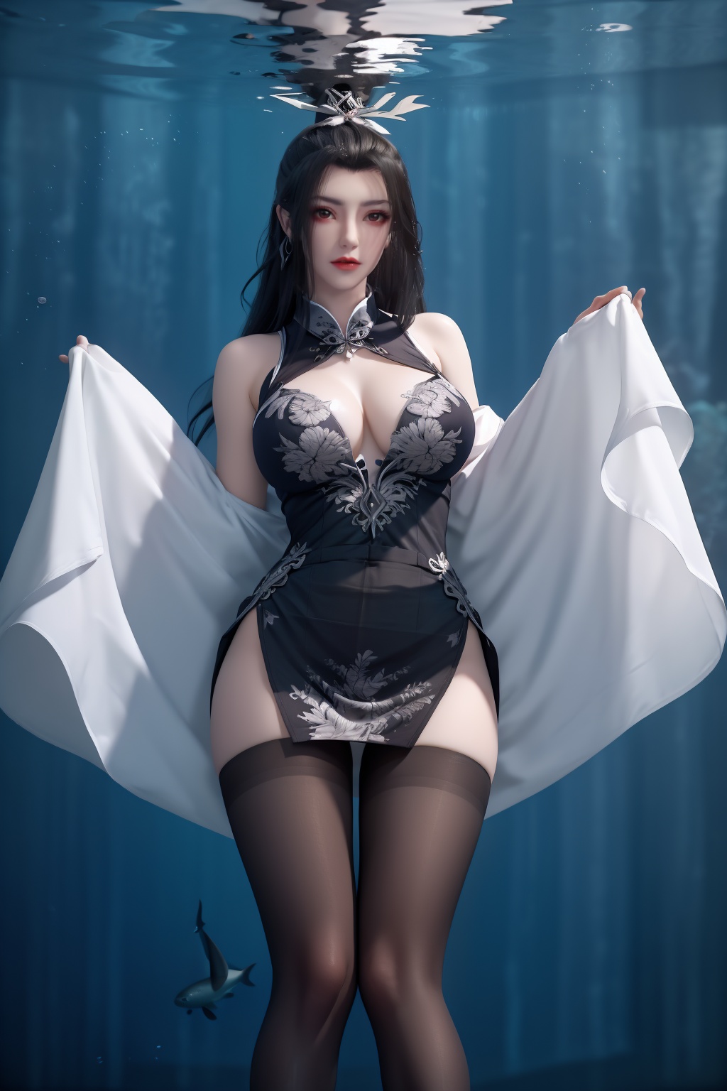 1girl,underwater,submerged,floating hair,air bubble,holding breath,see-through,masterpiece,best quality,highly detailed,fish,(wide hip:1.2),jellyfish,earrings,hair ornament,sea weed,coral reef,shark,sea turtle,sexy pose,kneeling,chinese dress,chinese clothes,big breasts,(looking at viewer:1.2),black pantyhose,arms up,torn pantyhose,