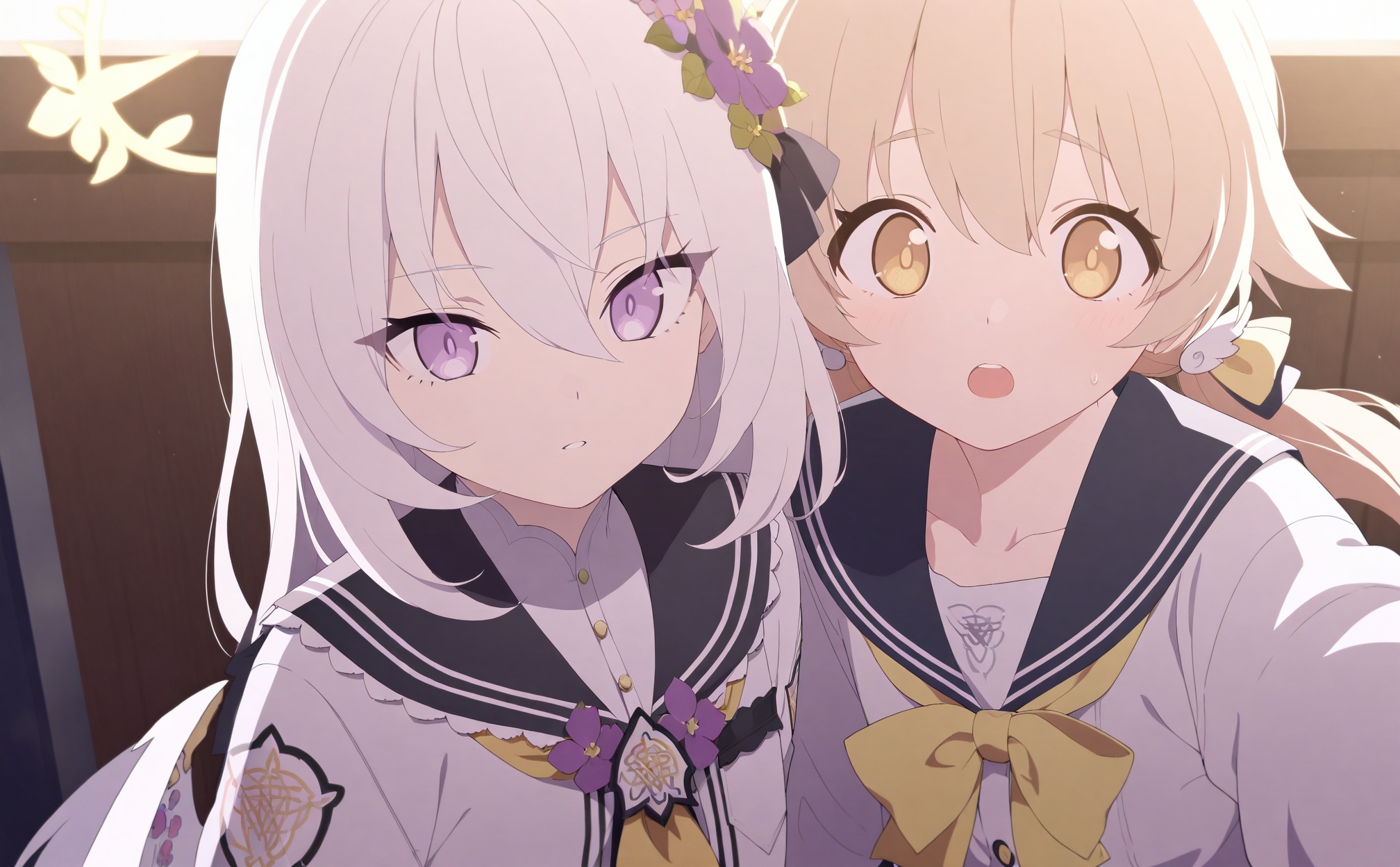 masterpiece,best quality,high quality,loli,hifumi (blue archive), multiple girls, azusa (blue archive), 2girls, halo, hair flower, flower, hair ornament, twintails, open mouth, black sailor collar, long hair, sailor collar, light brown hair, yellow eyes, yellow halo, purple eyes, purple flower, yellow neckerchief, looking at viewer, white cardigan, white hair, teeth, low twintails, school uniform, cardigan, hair between eyes, parted lips, collarbone, ribbon, brown hair, bow, pink eyes, white jacket, upper body, wing hair ornament, neckerchief, jacket, yellow bowtie,<lora:BA3——【Illustrious】hans:0.88>,