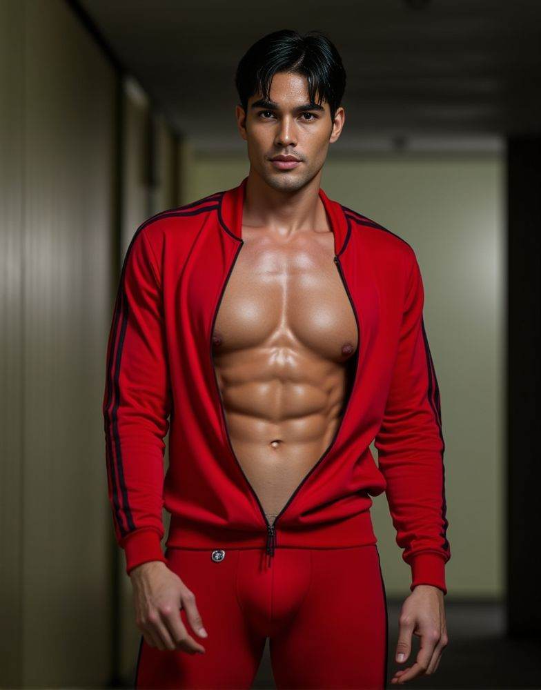 kirk bondad ,  realistic photo in a worn ((skin-revealing skimpy erotic red tracksuit. massive pecs)). big pecs. big arms....