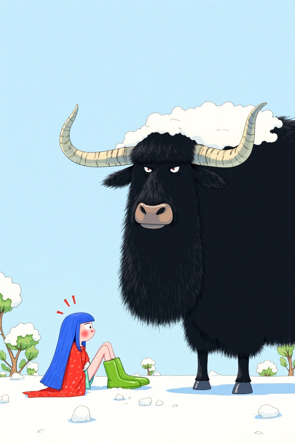 beijihui,A medium-sized cartoon drawing of a black bull with two horns protruding from its head. The bull's head is covered in a thick layer of fluffy white snow. The horns protrude from the top of its head,adding a touch of warmth to the scene. A woman with blue hair is seated on the left side of the image,wearing a red dress and green boots. The background is a pale blue,with a few wispy white clouds in the distance.,